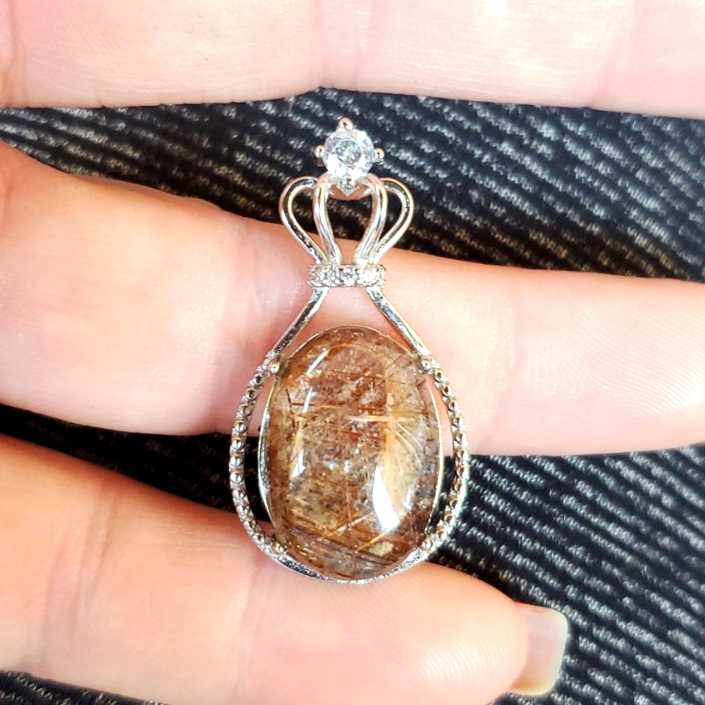 New Silver Wrapped Gold Rutilated Quartz Oval Rhinestone Crown Pendant.